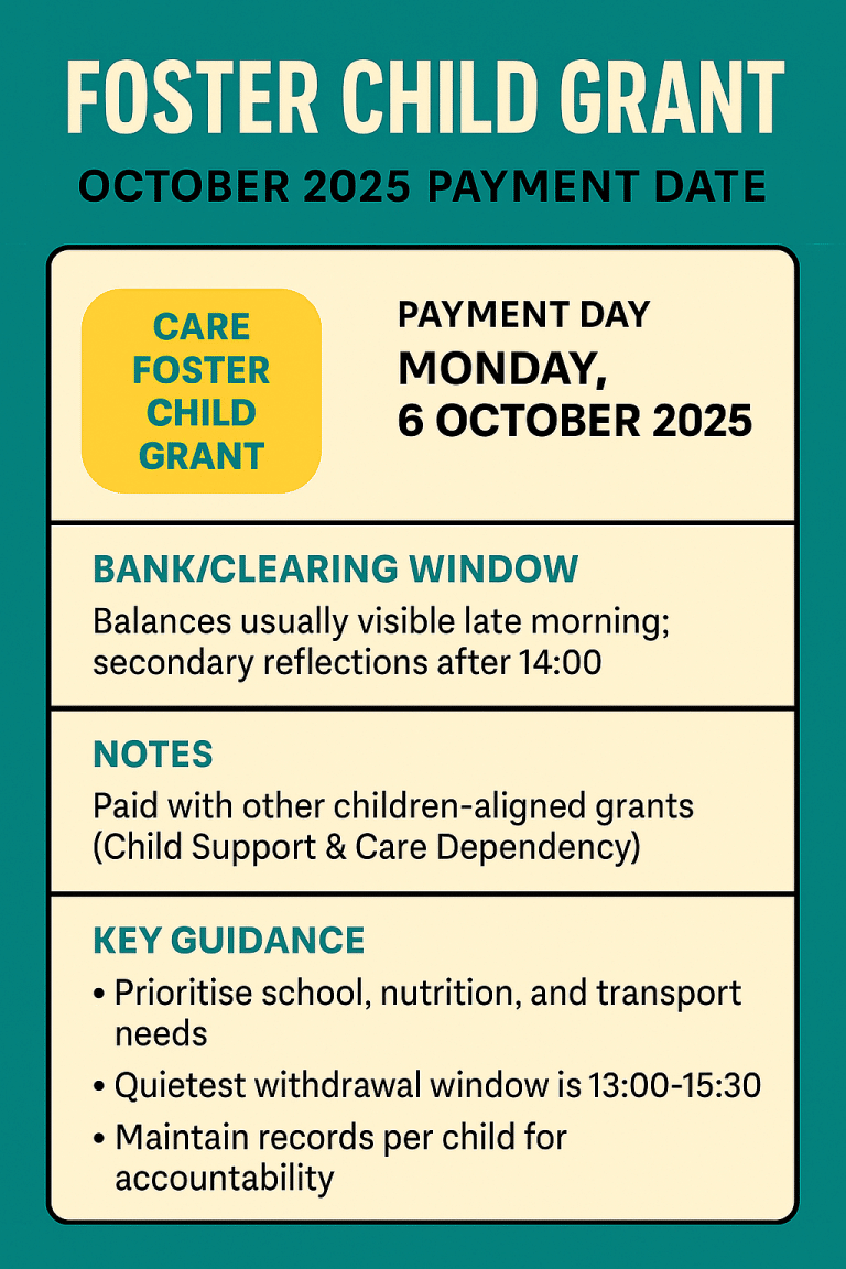 Foster Child Payment Dates for October 2025 by SASSA Officials
